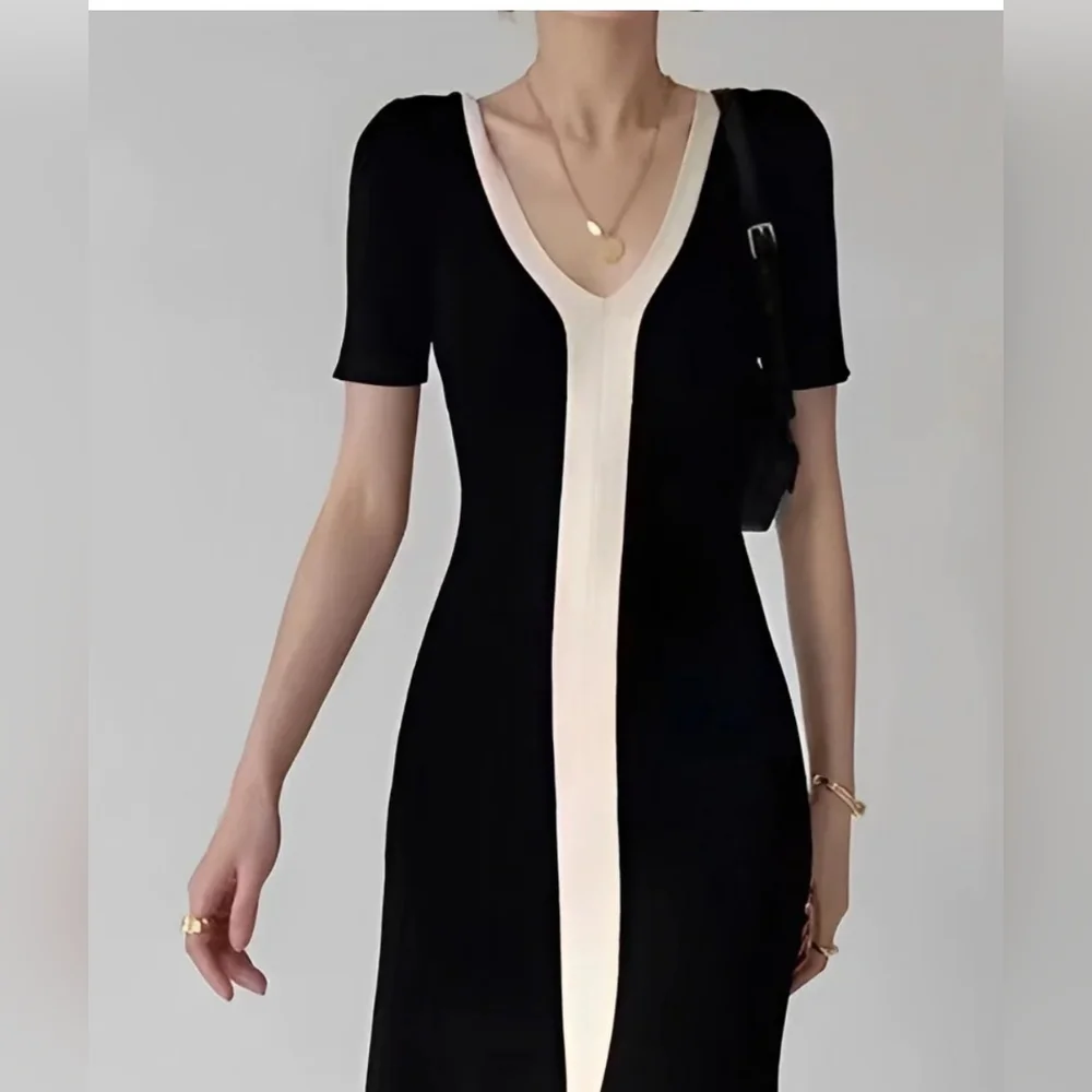 Two Tone V-Neck Knit Slit Midi Dress - Picture 1 of 1